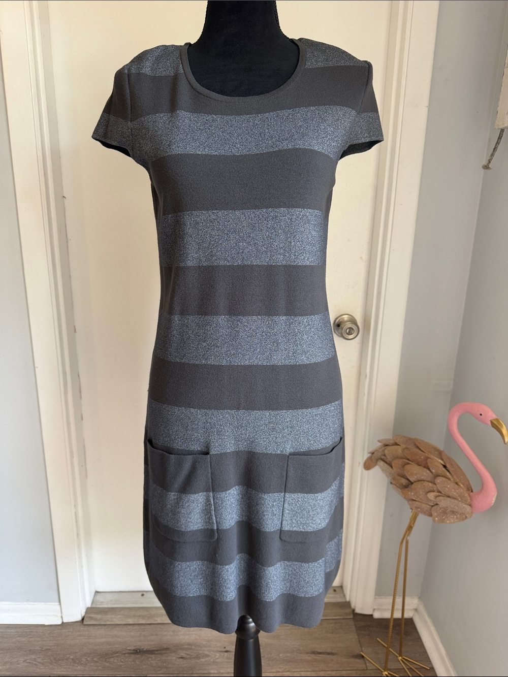 Nine West Gray and Charcoal Striped Short-Sleeve Midi Dress size medium.